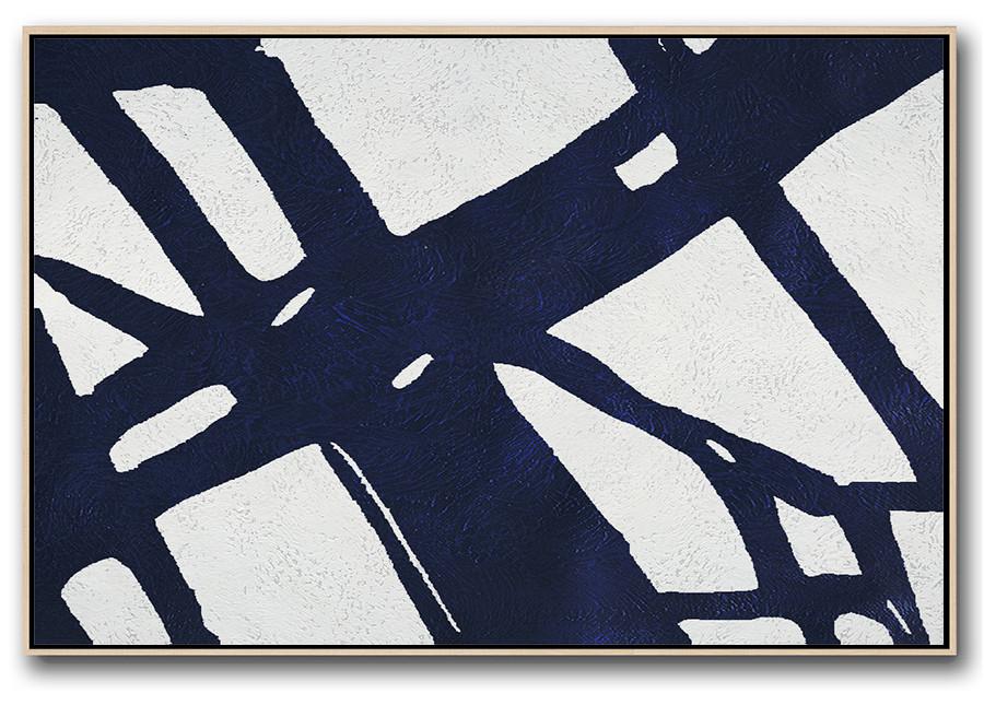 Horizontal Navy Painting Abstract Minimalist Art On Canvas - Fine Art Abstract Paintings Large